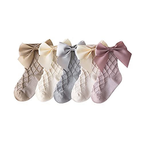 Barakara Chaussettes pour Filles, 5 Paires de Chaussettes Bébé Mignonnes Élégantes avec Nœud Papillon, Chaussettes Doux en Coton pour Automne et Hiver pour Enfants 0 à 8 Ans Cover