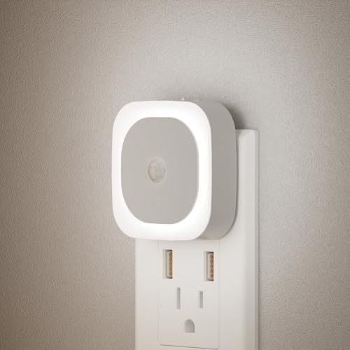 Image of YUNLEX 2 Pack Plug in Night Light with Motion Sensor & Dusk to Dawn Sensor, 3 Sensor Modes, Night Lights Plug into Wall, Auto ON /Off, Dimmable Nightlight for Bathroom, Stairs, Kitchen, Cool White