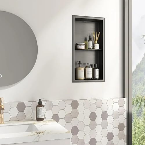 Stainless Steel Shower Caddy - Recessed Wall Storage Shelf for Bathroom No Tile Needed Stylish Alcove Organizer Black