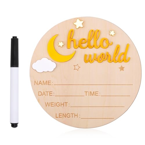 Panneau en Bois pour Nouveau Né Hello World, Joli Panneau d'Annonce de Naissance Panneau de Bienvenue pour Nouveau Né Plaque de Nom de Bébé pour...