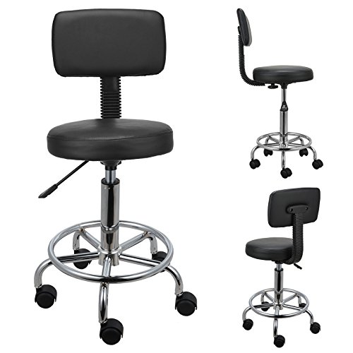 Voilamart Pu Leather Round Rolling Stool With Backrest Adjustable Swivel Hydraulic Gas Lift Stool For Tattoo Therapy Beauty Massage Spa Salon,Black #TOP1