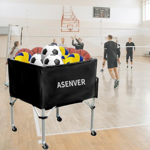 ASENVER Portable Ball Cart Removable Basketball Hopper Soccer Volleyball Storage Basket Foldable Cart for Storage Balls (Black)