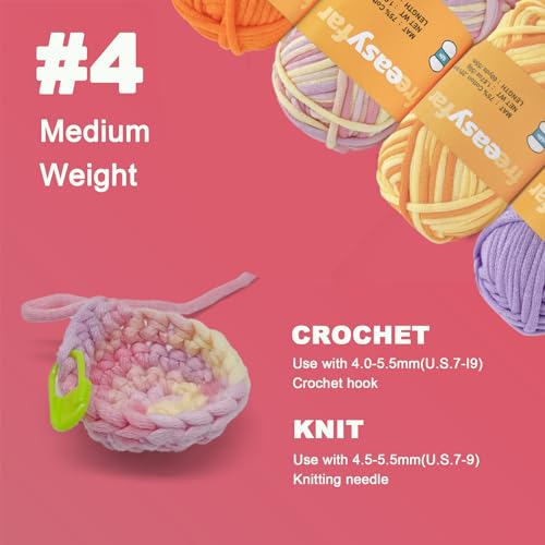 Image of 4x50g Beginner Crochet Yarn for Crocheting and Knitting; Beginner Easy Yarn kit with Tool Set (Macaron+Yellow+Orange+Purple, 4 Skein)