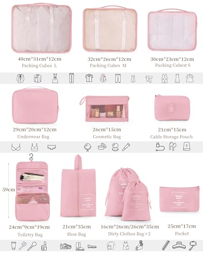Packing Cubes 11 PCS, Mesh Breathable Luggage Organizers Bags, Packing Organizers, Durable Travel Essentials Bags Set, Travel Packing Organizers, Pink2