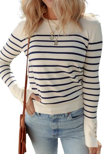 Urchics Womens Casual Sweater White Stripe Button Ribbed Cuffs Round Neck Casual Sweater