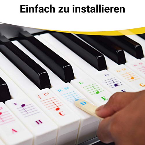 QMG Farbige Klavier- und Keyboard-Aufkleber und vollständige Klavierlektionen mit farbigen Noten und Leitfaden für Kinder und Anfänger Durchsichtig