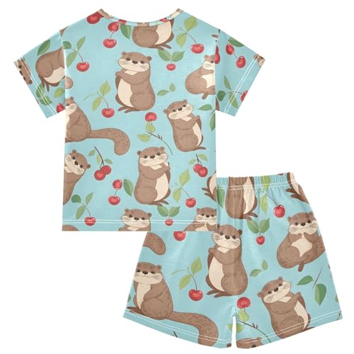 ALAZA Cherry Otter Cartoon Pajamas Short Sleeve 2 Piece Sleepwear Top and Bottom Pajama Set Unisex2