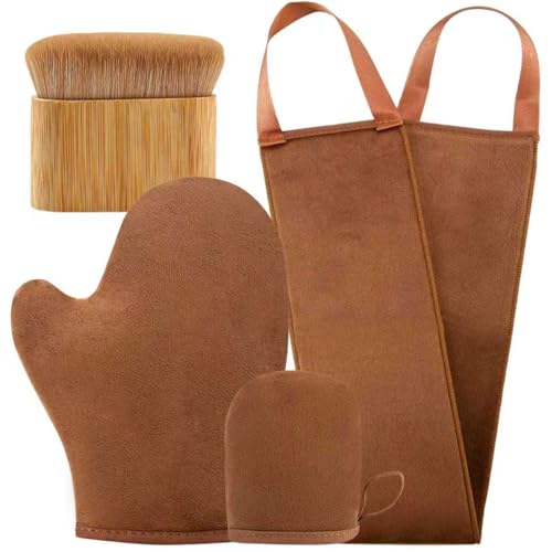 Image of FUNAN Self Tanning Applicator Kit with Tanning Glove for Self Tan Mitt, Back Lotion Applicator, Mini Mitt and Ultra Soft Self Tanner Brush Bamboo Kabuki Brush, Brown