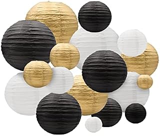 Round Chinese Paper Lantern, 18pcs Paper Lanterns Decorative, Hanging Paper Lanterns Decoration for Weddings, Graduation, Birthdays, Parties and Events, Assorted Sizes (Black/Gold/White)