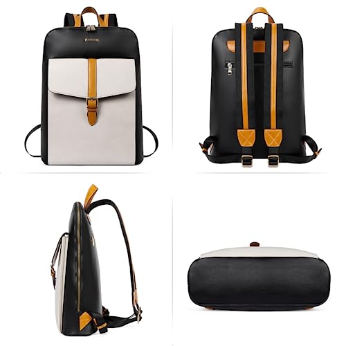 Image of CLUCI Leather Laptop Backpack for Women 15.6 inch Computer Backpack Stylish Travel Backpack Purse for Women Work Daypack Bag Black-white with Yellow