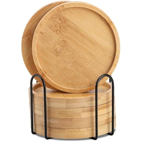 Bamboo Coaster Set of 6 with Lid Holder for Coffee Table, Wooden Coasters for Drinks Saucers for Planters Tabletop Protection Housewarming Gift Cover