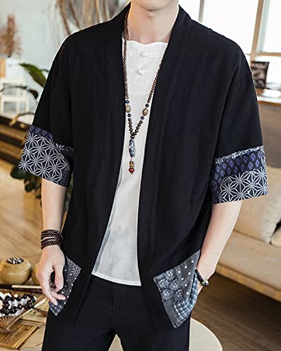 Men's Japanese Kimono Cardigan Loose Cotton Linen 3/4 Sleeve Open Front Casual Summer Shirt Jackets Black X-Large #TOP2