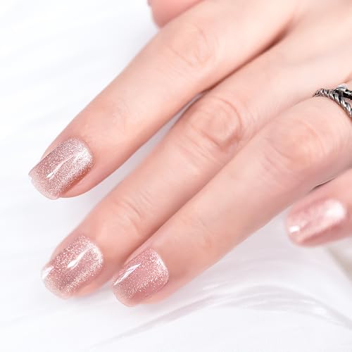LINSSQ Shimmer Nude Pink Press on Nails Cat Eye Gel