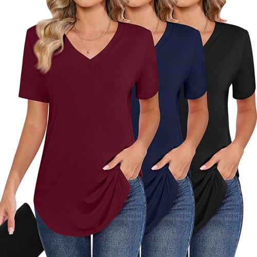 Ficerd 3 Pack Women's Short Sleeve Tunic Tops, V Neck Curved Hem Shirt Casual Summer Basic Tshirts Tee Blouse
