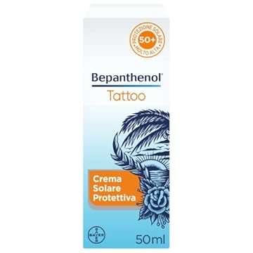 Bepanthenol Tattoo Crema Solare 50, Aftercare per Protezione Solare del Tatuaggio da Raggi UVB e UVA del Sole e Mantenere Vivi i Colori, Formato Viaggio 50 ml