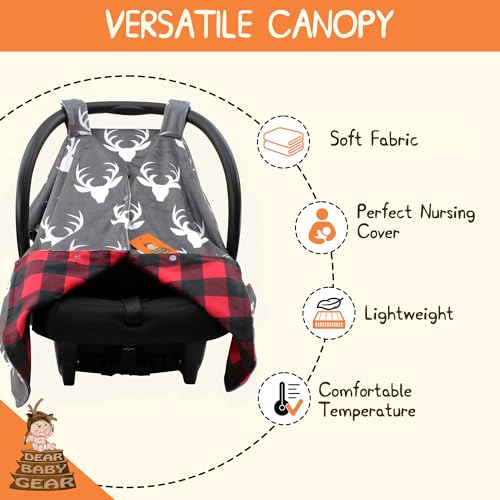 Image of Dear Baby Gear - 40x30 Car Seat Canopy, Infant Carrier Cover for Boys & Girls, Cozy Fall, Nursing & Stroller Use, Newborn Travel Sunshade, White Antlers, Plaid Red & Black Buffalo