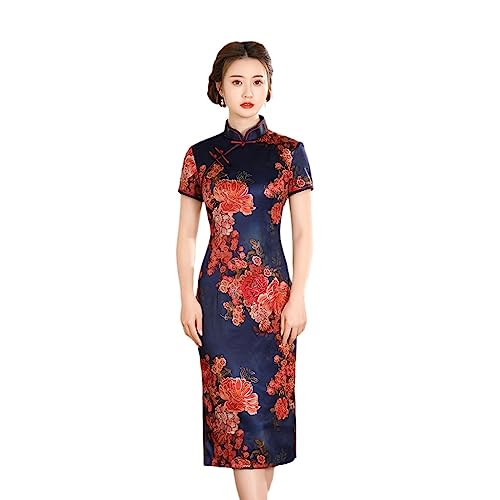 OLEETS Vestido Chino De Mujer - Verano Satén hasta La Rodilla Cheongsam Vestidos Orientales Ropa Tradicional China Mujeres Elegante Vintage Delgado Qipao Manga Corta,L