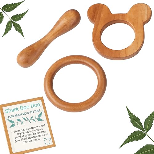 Image of Shark Doo Doo Neem Wood Baby Teether Combo (Mickey, Ring & Stick) | Organic & Handcrafted | Chemical-Free, Antibacterial Teething Toy for Babies