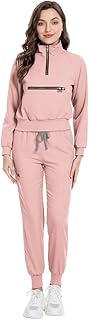 niaahinn Scrub Set with Long Sleeve for Women Scrub Top & Jogger Scrub Pants Medical Working Uniforms with Pockets (Pink,M)