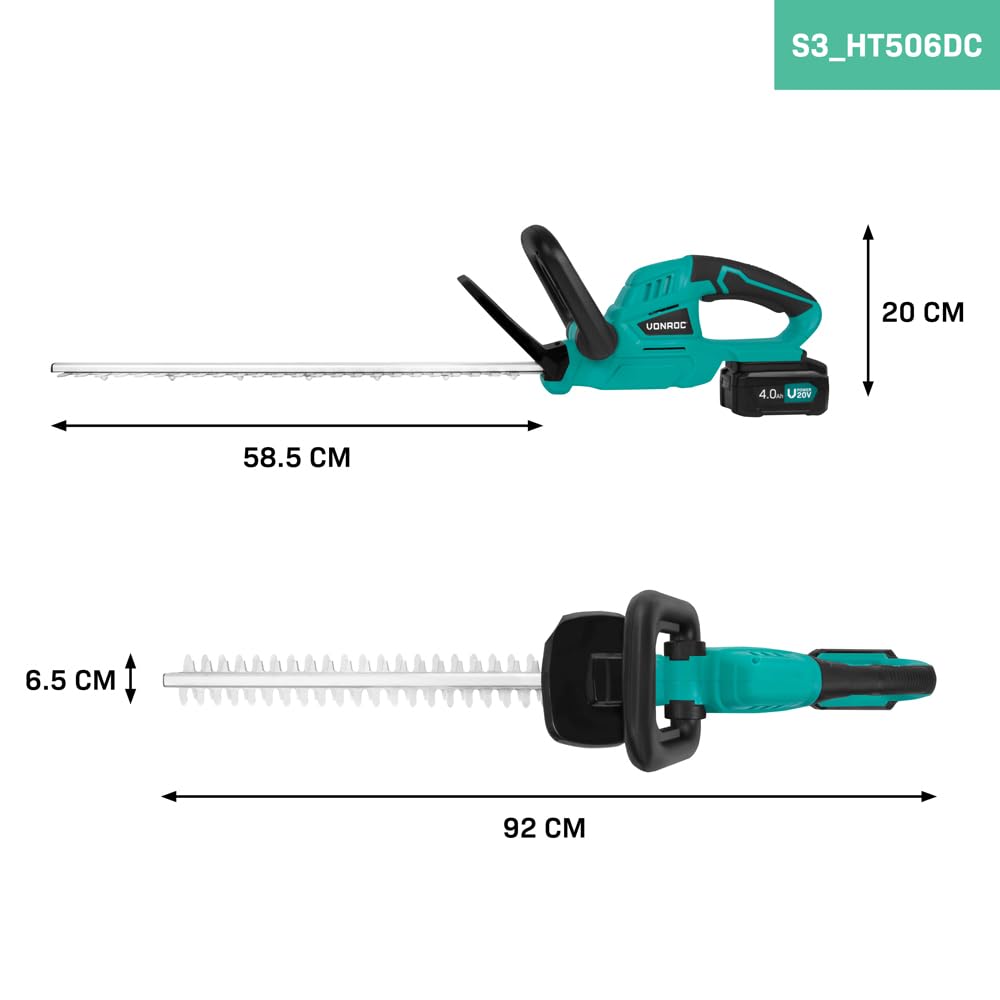 VONROC Akumulatorowe nożyce do żywopłotu 20 V, ostrze 520 mm, akumulator 4,0 Ah w zestawie, Softgrip, lekkie 1,98 kg, podwójne zabezpieczenie uchwytu