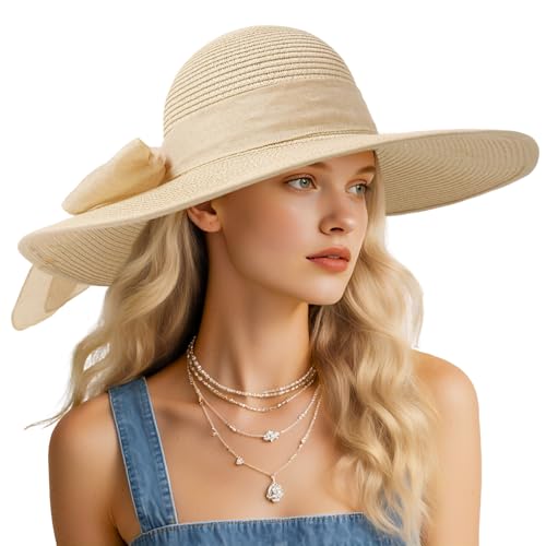 Beach Sun Straw Hats for Women, UPF 50+ UV Sun Protection Wide Brim Summer Straw Hat Foldable Packable Roll up Cap