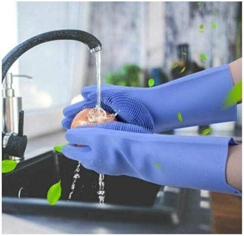 Image of Silicone Dishwashing Gloves with Built-In Scrubber | Reusable Cleaning Gloves for Kitchen & Household Use | Heat Resistant Hand Gloves for Washing Dishes & Plate Cleaning (Multicolour Pair 1)