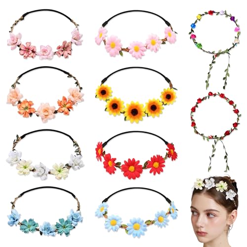 Corona de Flores, 10 Piezas Diadema Corona de Flores, Boho Floral Banda Guirnalda Ajustable Tocado de Floral para Mujer Boda Cumpleaños Festival Playa Fiesta