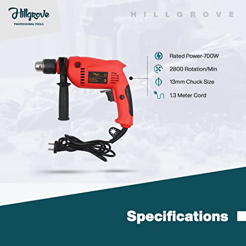 Image of Hillgrove HGCM1011M3 700W Power Drill Machine with 9Pcs All Type Drill Bits for Making Holes in Metal /Wood /Concrete with Reverse Rotation and Variable Speed Pistol Grip Drill (13 mm Chuck Size)
