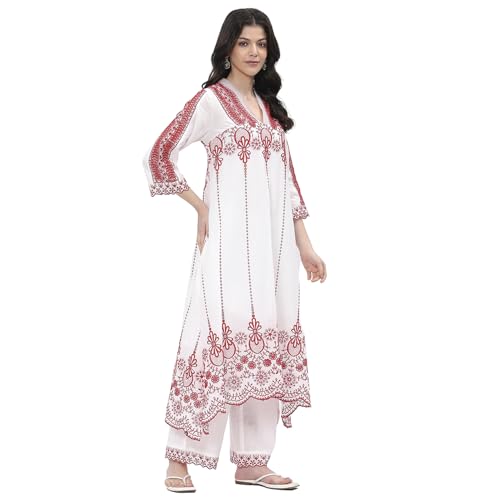Image of BIBA Women Cotton Asymmetric Embroidered Suit Set