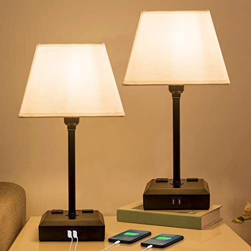 Focondot Touch Lamps,Dimmable Nightstand Lamps with Dual USB Ports and 2 Edison Bulbs, Built-in 3- Prong and 2- Prong AC Outlet Table Lamps for Bedroom, Living Room(2 Pack,White Trapezoid Shade)