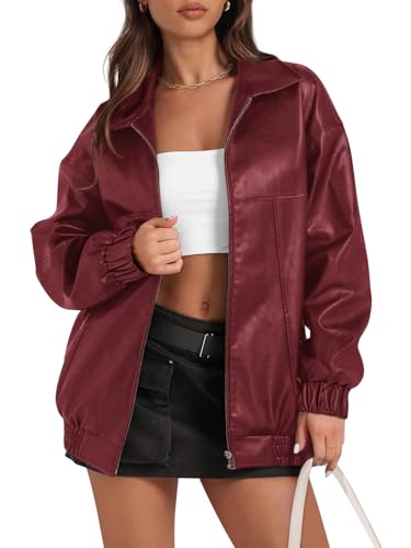 Yousify Womens Leather Jacket Oversized Faux Casual Zip Up Bomber Motorcycle Jackect Trendy Fall Winter Clothes S-XXL