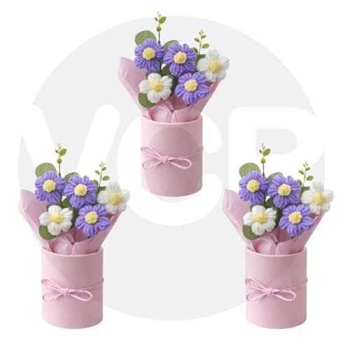 Image of VCR Handmade Light Purple Crochet Bouquet- Pack of 3 - Hand Woven Knitted Artificial Hand Knitted Bouquet Flower for Office Desk, Table, Car, Bedroom, Wedding & Special Occasions