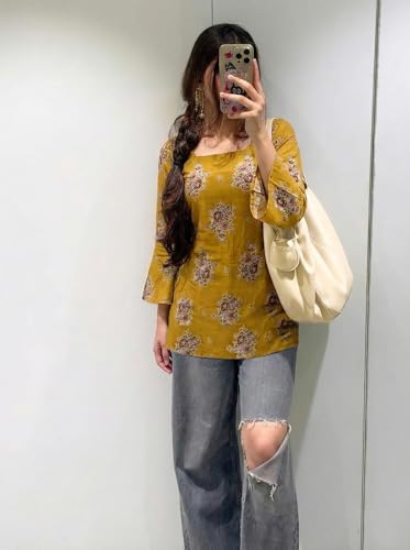 Image of ANNI Designer Women's Viscose Blend Printed Short Kurti | Straight Fit Casual Ethnic Top | Square Neck Full Sleeve Kurta Office College