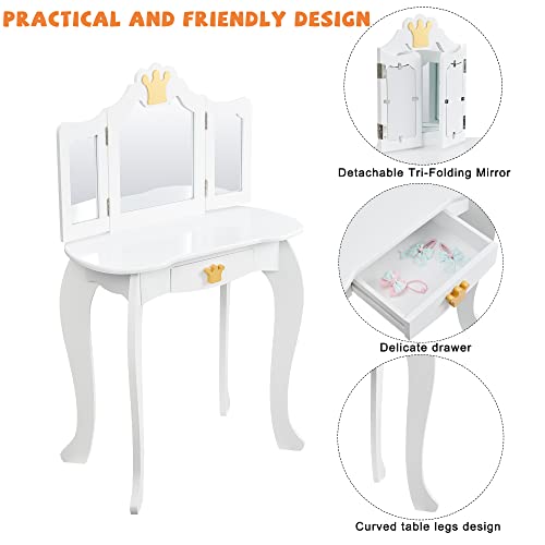 Kovhzcu Kids Vanity Table And Chair Set, Princess Makeup Vanity With Detachable Tri-Folding Mirror, Girls Dressing Table And Chair Set W/Drawer, Kids Vanity Set With Mirror Age 3-9 (White) #TOP4