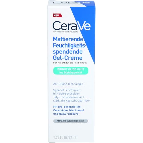 CeraVe Crema gel idratante opacizzante, per pelli grasse e grasse, con acido ialuronico, ceramidi e niacinamide, idratante a lunga durata, 52 ml