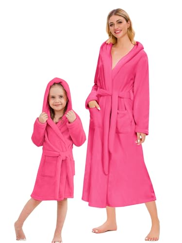 Image of Umeyda Girls & Women Fleece Hooded Robes, Soft Fuzzy Bathrobe Warm Plush Fluffy Bath Robe for Kids Womens