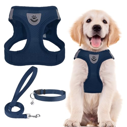 Image of PUPTECK Adjustable Dog Harness Collar and Leash Set Step in No Pull Pet Harness for Small Medium Dogs Puppy and Cats Outdoor Walking Running, Soft Mesh Padded Reflective Vest Harnesses