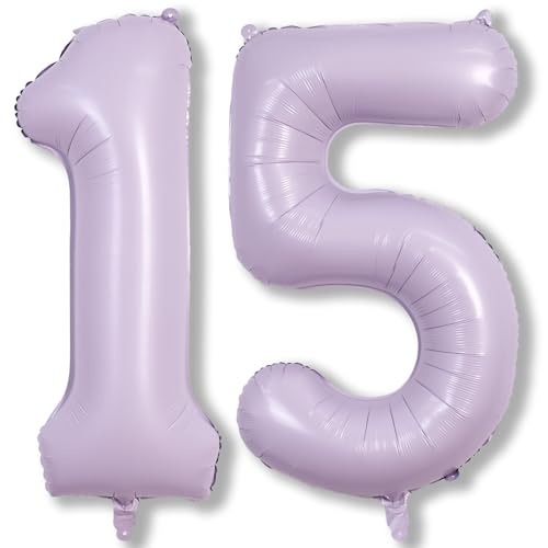 Image of Light Purple 15th Birthday Balloons, 40 Inch Dusty Pastel Purple Mylar Foil Number 15 Balloons for Girls, Lavender Birthday Party Balloons Numbers 1 & 5 for Women 51st Anniversary Decorations Supplies