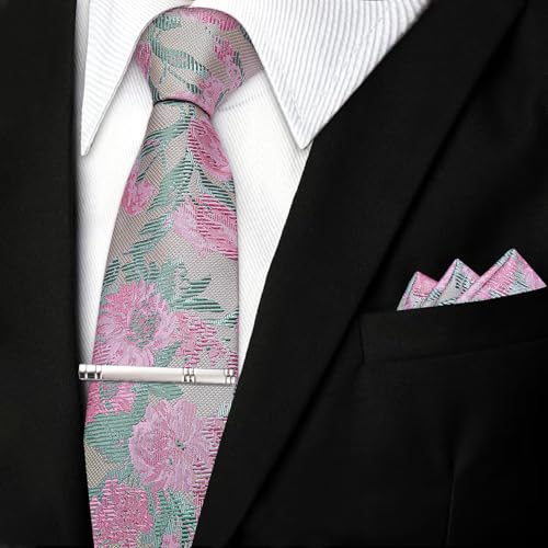 Image of DiBanGu Silk Floral Ties for Men Woven Paisley Necktie and Tie Clip Handkerchief Cufflinks Set for Party Wedding