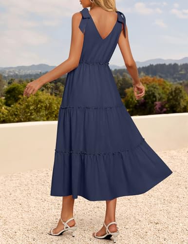 ZESICA Women's 2025 Summer Boho Casual V Neck Sleeveless Midi Dresses Tie Shoulder Flowy Tiered A Line Beach Long Sundress4