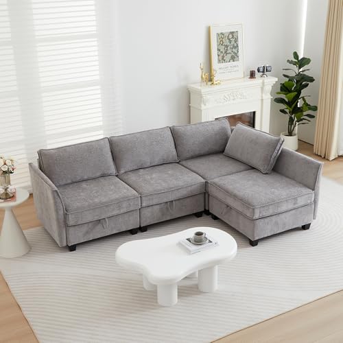 Image of ORRD Corner Modular Sectional Sofa Set, Convertible L Shaped Couch with Storage, 4 Seater Sofa Modular for Living Room, Office (Grey)