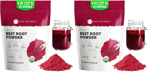 Image of Kate Naturals Organic Beet Root Powder for Smoothies, Baking & Juice. Raw Beetroot Superfood & Natural Red Food Coloring (8oz, Non-GMO, Earthy Flavor) (Pack of 2)