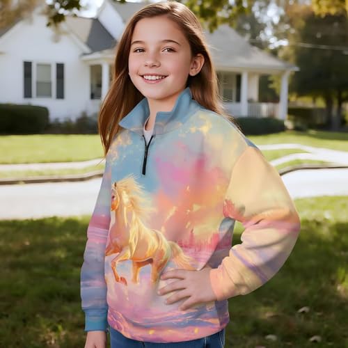 Girls Quarter Zip Sweatshirt Casual Oversized Long Sleeve Pullover Breathable Comfort Shirts Tops Age 5-14 Years4