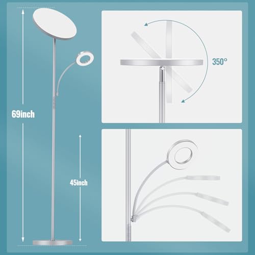 Image of marctronic Silver Gray Floor Lamp, 42W 4000LM Super Bright LED Lamp with Reading Light for Living Room Bedroom Office, Dimmable Standing Lamp with Remote & Touch Control