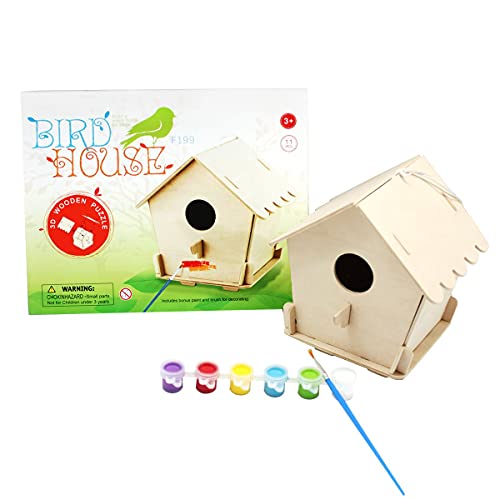 ROBUD Art Craft kit Build Your Own Wooden Bird House Toys 3D Painting Puzzle DIY Assembly Modle with 6 Color Pigments & Brush for Boys Girls Kid Children Fun Creative Gifts
