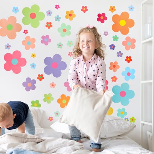 COMNICO 63pcs Cute Flowers Wall Sticker, PVC Colorful Y2k Floral Wall Decor Vinyl Peel and Stick Flowers Stickers for Teen Girls Boy Kids Nursery Bedroom Kindergarten(9 Sheets, Bright Colors)