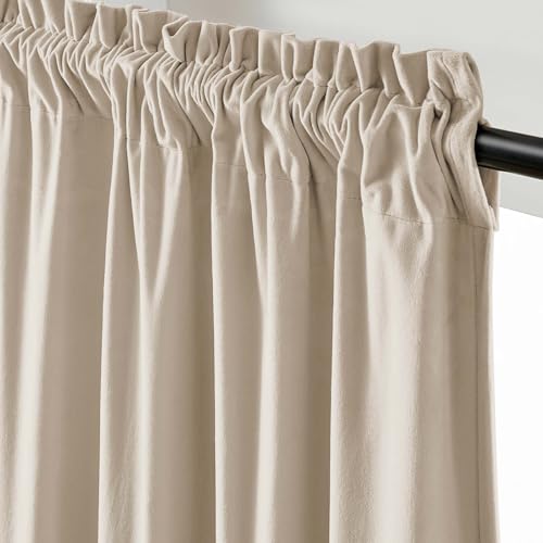 Image of Extra Long Beige Velvet Curtains Rod Pocket 52x120 Inch 2 Panels | Soft Velvet, Room Darkening, For Tall Windows & High Ceilings, Light Shifting Texture, Elegant Drape, Cozy