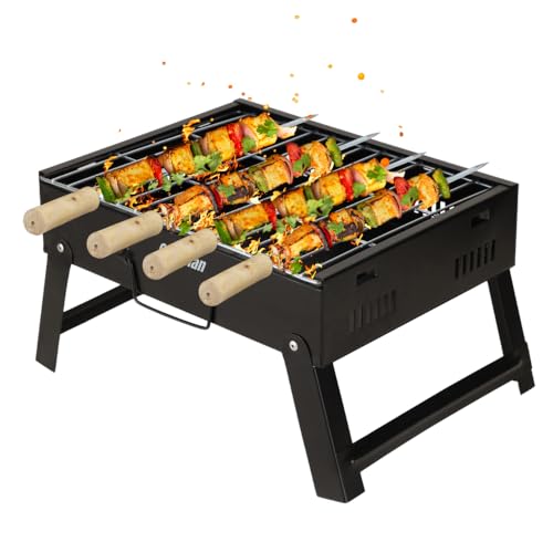 Mini Portable Table Top Charcoal Barbeque Grill for Outdoor Cooking, Featuring Foldable Legs, Removable Grill, and 4 Skewers, Perfect for Camping, Tai