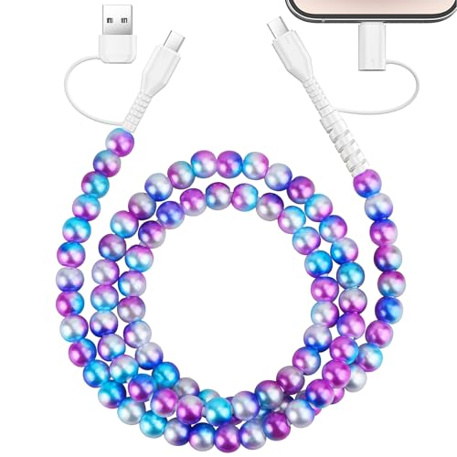 VOFUOE USB C Cable for iPhone 17 Charging Cord [MFi Certified] Gradient Pearl Beads 4 in 1 Multi Charging Cable 3.3FT Girls Fast Charging for iPhone 16 for Galaxy S25 & Most Devices-Purple Blue
