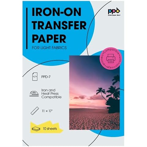 PPD Iron on Transfer Paper for Inkjet Printer for Light Fabric, 11 x 17 Printable Paper for Clothing, T Shirts and Cotton Textiles, Print and Cut Heat Transfer, DIY at Home, Washable (10 Sheets) Cover
